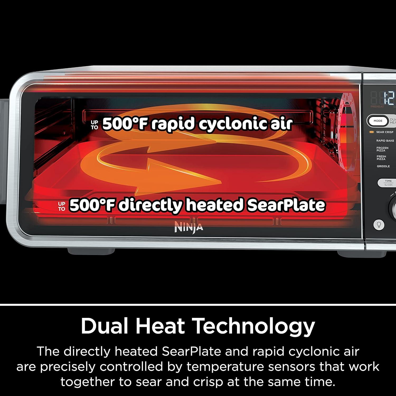 imageNinja SP301 Dual Heat Air Fry Countertop 13in1 Oven with Extended Height XL Capacity Flip Up amp Away Capability for Storage Space with Air Fry Basket SearPlate Wire Rack amp Crumb Tray Silver