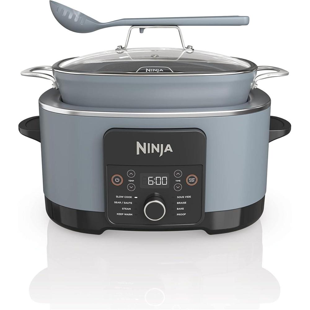 imageNinja 12in1 PossibleCooker PLUS 85qt Sous Vide amp Proof MultiCooker Slow Cooker Dutch Oven amp More Glass Lid amp Integrated Spoon Nonstick Oven Safe Pot to 500F Black MC1010Sea Salt Gray