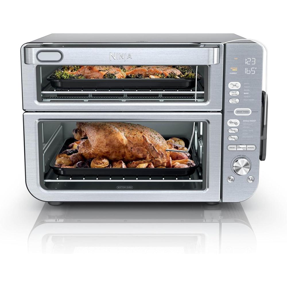 imageNinja Air Fryer Toaster Oven Combo Double Stack XL 12in1 Fits 45 lb Chicken amp 6lbs of Wings Smart Finish Cook 2 Different Meals at Same Time Countertop Oven Stainless Steel DCT601Stainless 12in1 with Thermometer