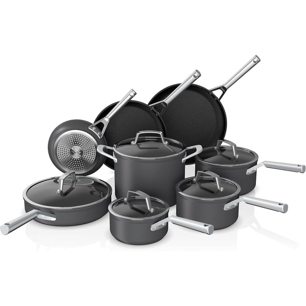 imageNinja C38000 Foodi NeverStick Premium 8Piece Cookware Set with Glass Lids HardAnodized Nonstick Durable amp Oven Safe to 500F Slate Grey13pc set