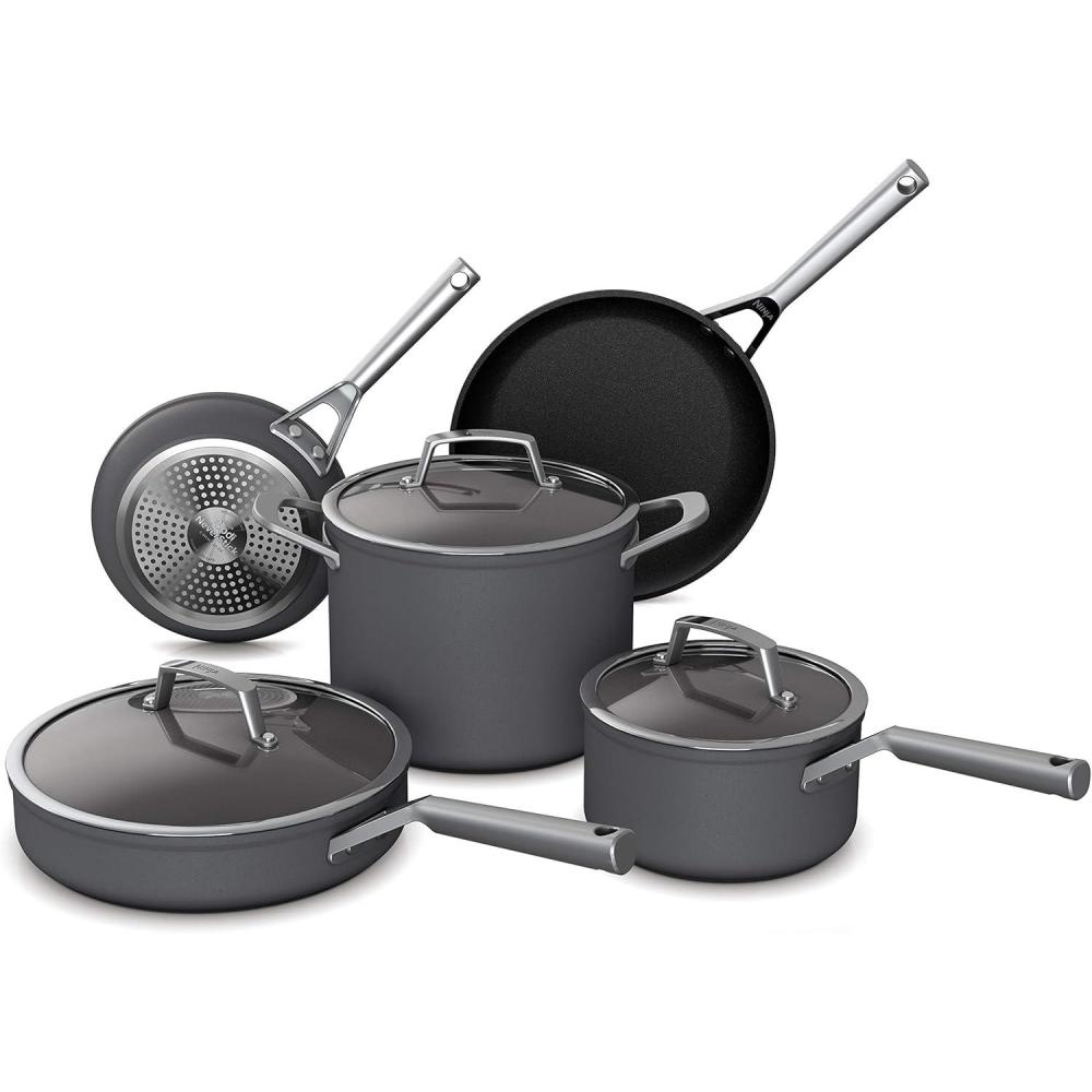 imageNinja C38000 Foodi NeverStick Premium 8Piece Cookware Set with Glass Lids HardAnodized Nonstick Durable amp Oven Safe to 500F Slate Grey8pc set