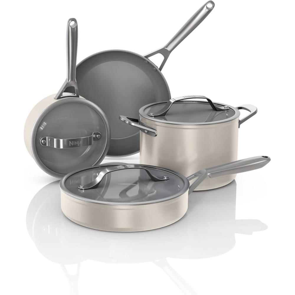 imageNinja Ceramic Pro 11Piece Cookware Set NonStick Pots amp Pans Set with Glass Lids Nontoxic PTFE Free Ceramic Coated Oven Safe All Stovetops amp Induction Compatible Steam White CW39011WHStone