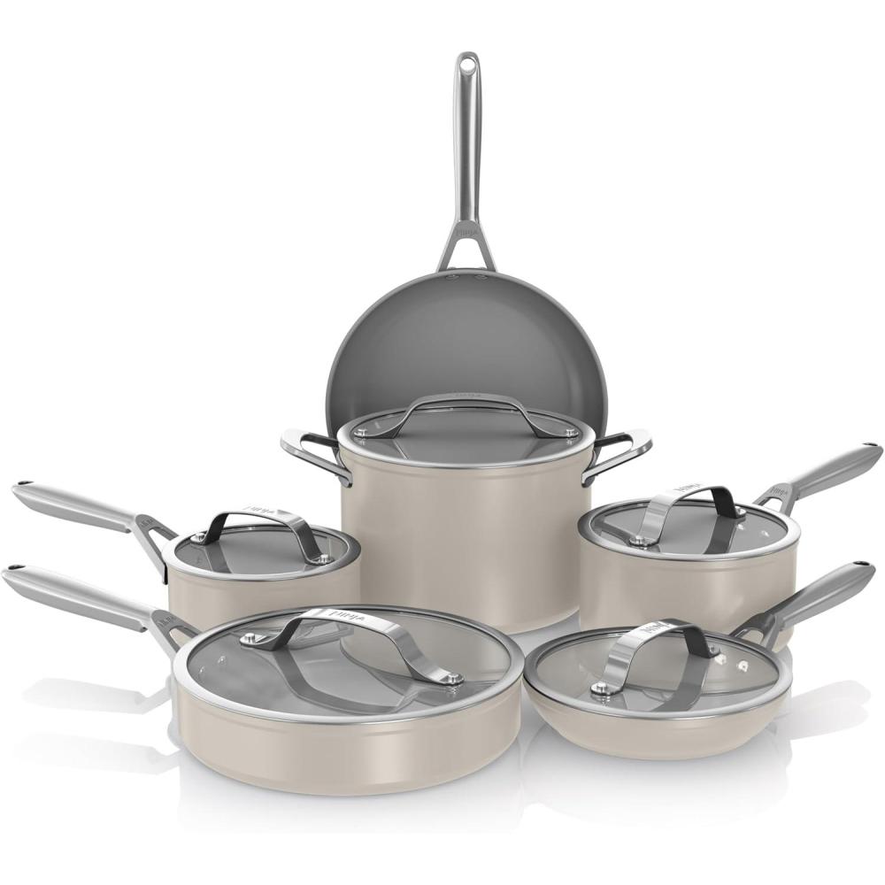 imageNinja Ceramic Pro 11Piece Cookware Set NonStick Pots amp Pans Set with Glass Lids Nontoxic PTFE Free Ceramic Coated Oven Safe All Stovetops amp Induction Compatible Stone CW39011ST11pcStone