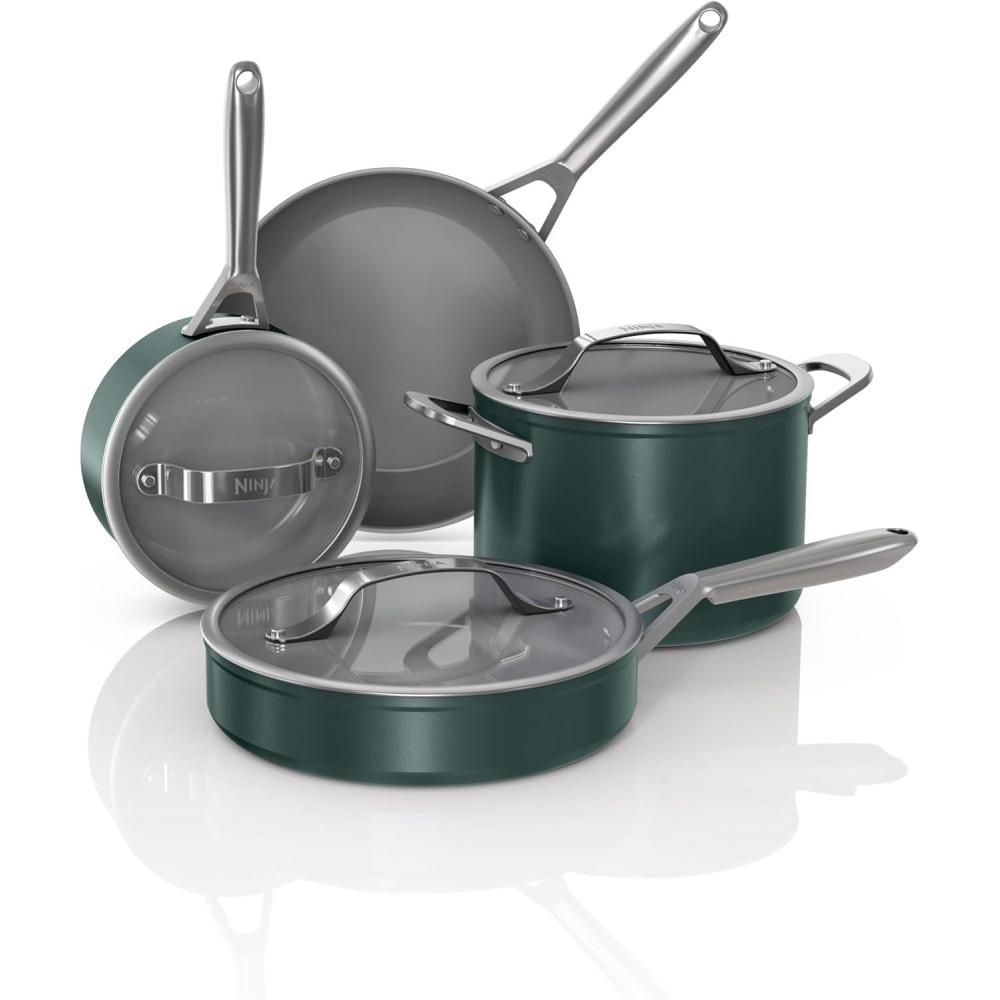 imageNinja Ceramic Pro 11Piece Cookware Set NonStick Pots amp Pans Set with Glass Lids Nontoxic PTFE Free Ceramic Coated Oven Safe All Stovetops amp Induction Compatible Steam White CW39011WHGreen