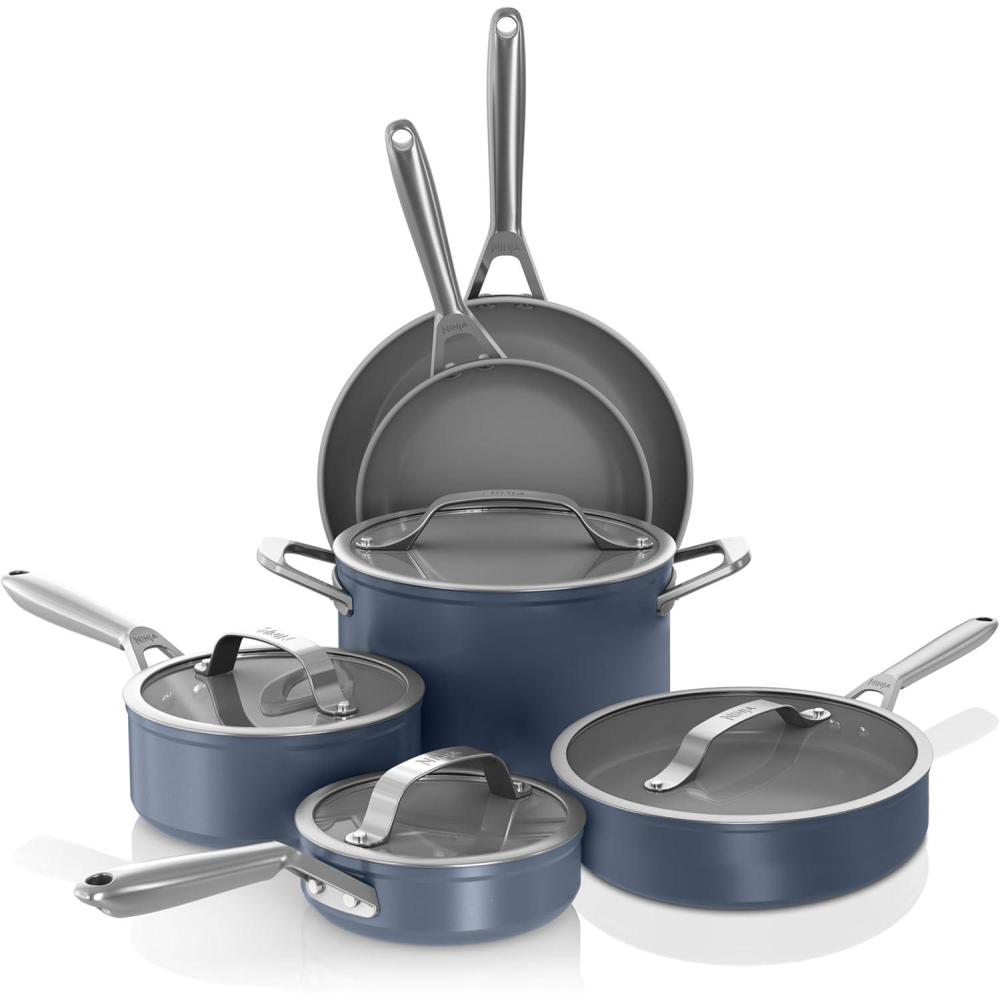 imageNinja Ceramic Pro 14Piece Cookware Set NonStick Pots amp Pans Set with Glass Lids Nontoxic PTFE Free Ceramic Coated Oven Safe All Stovetops amp Induction Compatible Midnight Blue CW39014MMMidnight Blue