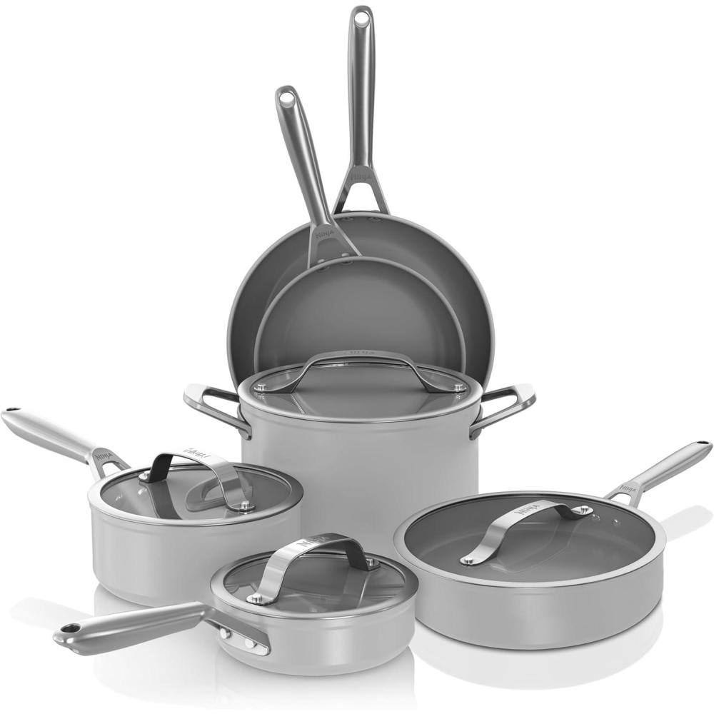 imageNinja Ceramic Pro 14Piece Cookware Set NonStick Pots amp Pans Set with Glass Lids Nontoxic PTFE Free Ceramic Coated Oven Safe All Stovetops amp Induction Compatible Midnight Blue CW39014MMGray