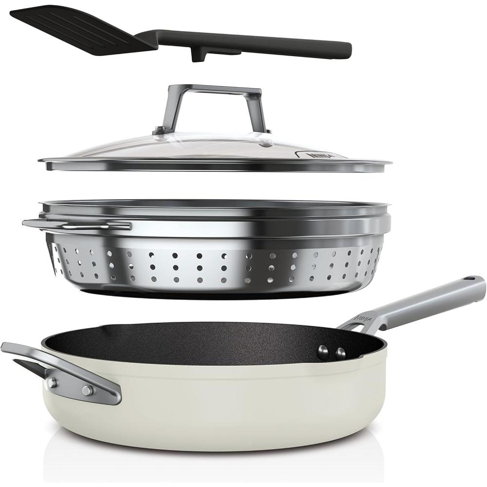 imageNinja Cookware Steamer Strainer Basket Glass Lid and Spatula Foodi NeverStick PossiblePan Premium Set with 4Quart Capacity Pan Nonstick Durable Oven Safe Cookware Cherry Tart CW102RDVanilla Bean