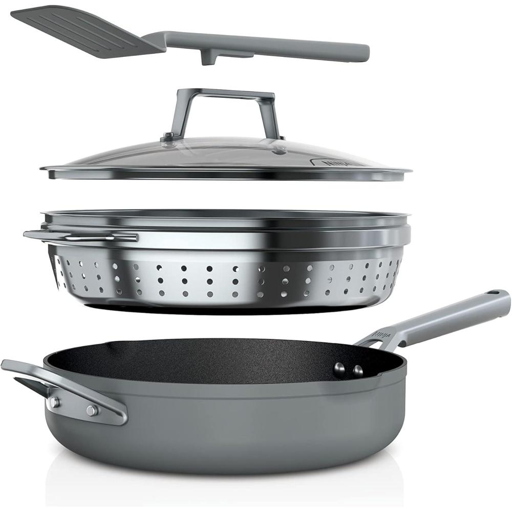 imageNinja Cookware Steamer Strainer Basket Glass Lid and Spatula Foodi NeverStick PossiblePan Premium Set with 4Quart Capacity Pan Nonstick Durable Oven Safe Cookware Cherry Tart CW102RDSea Salt Grey