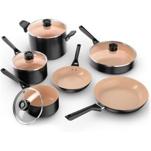 Ninja Ceramic Cookware Set, Extended Life 11-Piece Kitchen Cookware Sets with Comfort Grip, Nonstick Fry Pans, Pots, PTFE Free, Oven & Dishwasher Safe, Stovetop Compatible, Navy Blue, CW49011(10pc Black Set)