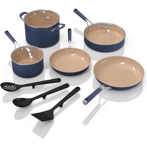 Ninja Ceramic Cookware Set, Extended Life 11-Piece Kitchen Cookware Sets with Comfort Grip, Nonstick Fry Pans, Pots, PTFE Free, Oven & Dishwasher Safe, Stovetop Compatible, Navy Blue, CW49011(11pc Blue Set)