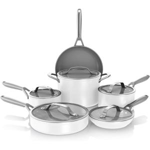 Ninja Ceramic Pro 11-Piece Cookware Set, Non-Stick Pots & Pans Set with Glass Lids, Nontoxic, PTFE Free, Ceramic Coated, Oven Safe, All Stovetops & Induction Compatible, Steam White, CW39011WH(White)