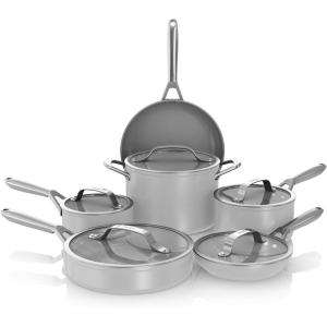 Ninja Ceramic Pro 11-Piece Cookware Set, Non-Stick Pots & Pans Set with Glass Lids, Nontoxic, PTFE Free, Ceramic Coated, Oven Safe, All Stovetops & Induction Compatible, Stone, CW39011ST(11pc-Grey)