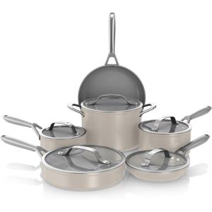 Ninja Ceramic Pro 11-Piece Cookware Set, Non-Stick Pots & Pans Set with Glass Lids, Nontoxic, PTFE Free, Ceramic Coated, Oven Safe, All Stovetops & Induction Compatible, Stone, CW39011ST(11pc-Stone)