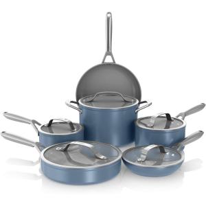 Ninja Ceramic Pro 11-Piece Cookware Set, Non-Stick Pots & Pans Set with Glass Lids, Nontoxic, PTFE Free, Ceramic Coated, Oven Safe, All Stovetops & Induction Compatible, Stone, CW39011ST(11pc-Blue Macaron)