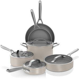 Ninja Ceramic Pro 14-Piece Cookware Set, Non-Stick Pots & Pans Set with Glass Lids, Nontoxic, PTFE Free, Ceramic Coated, Oven Safe, All Stovetops & Induction Compatible, Midnight Blue, CW39014MM(Stone)