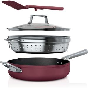 Ninja, Cookware, Steamer, Strainer Basket, Glass Lid and Spatula, Foodi NeverStick PossiblePan, Premium Set with 4-Quart Capacity Pan, Nonstick, Durable, Oven Safe Cookware, Cherry Tart, CW102RD(Cherry Tart)