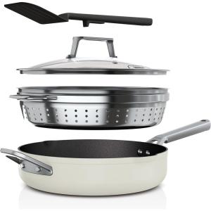Ninja, Cookware, Steamer, Strainer Basket, Glass Lid and Spatula, Foodi NeverStick PossiblePan, Premium Set with 4-Quart Capacity Pan, Nonstick, Durable, Oven Safe Cookware, Cherry Tart, CW102RD(Vanilla Bean)