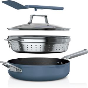 Ninja, Cookware, Steamer, Strainer Basket, Glass Lid and Spatula, Foodi NeverStick PossiblePan, Premium Set with 4-Quart Capacity Pan, Nonstick, Durable, Oven Safe Cookware, Cherry Tart, CW102RD(Macaron Blue)