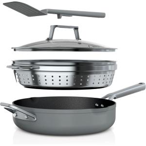 Ninja, Cookware, Steamer, Strainer Basket, Glass Lid and Spatula, Foodi NeverStick PossiblePan, Premium Set with 4-Quart Capacity Pan, Nonstick, Durable, Oven Safe Cookware, Cherry Tart, CW102RD(Sea Salt Grey)