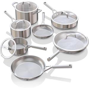 Ninja Everclad Commercial-Grade Stainless Steel 12″ Fry Pan, Tri-Ply Pans, Oven Safe to 600°F, All Stovetops & Induction Compatible, Stainless, C90030(12 – Piece Set)