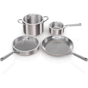 Ninja Everclad Commercial-Grade Stainless Steel 12″ Fry Pan, Tri-Ply Pans, Oven Safe to 600°F, All Stovetops & Induction Compatible, Stainless, C90030(7- Piece Set)
