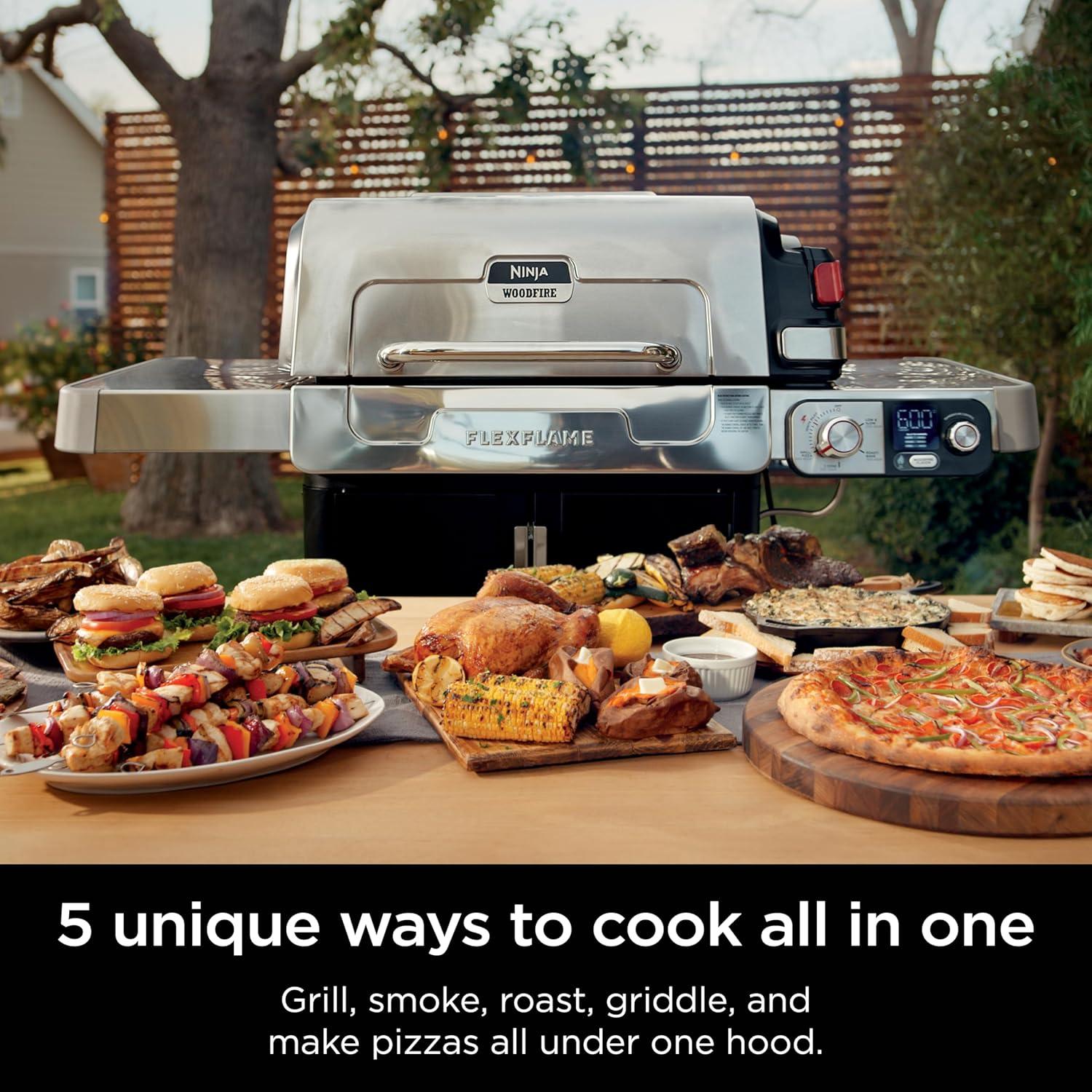 imageNinja FlexFlame Grill and Smoker Electric and Propane Grill Roaster BBQ Grill 5in1 Cooking System 3 Burner Digital Control Outdoor Cooking Griddle Pizza Maker Blue PG301BLStainless Steel