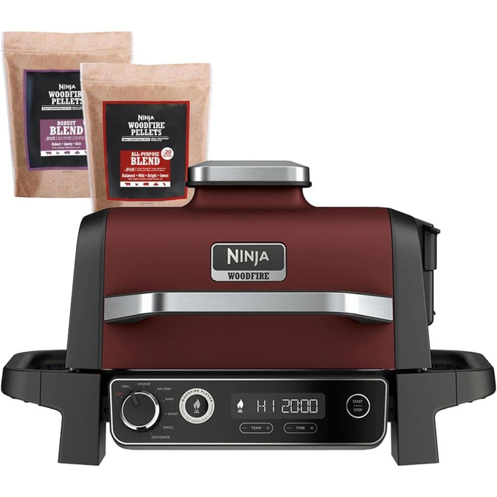 imageNinja OG701 Woodfire Outdoor Grill amp Smoker 7in1 Master Grill BBQ Smoker Air Fryer plus Bake Roast Dehydrate amp Broil uses Woodfire Pellets1 Pack Included Portable Electric Red
