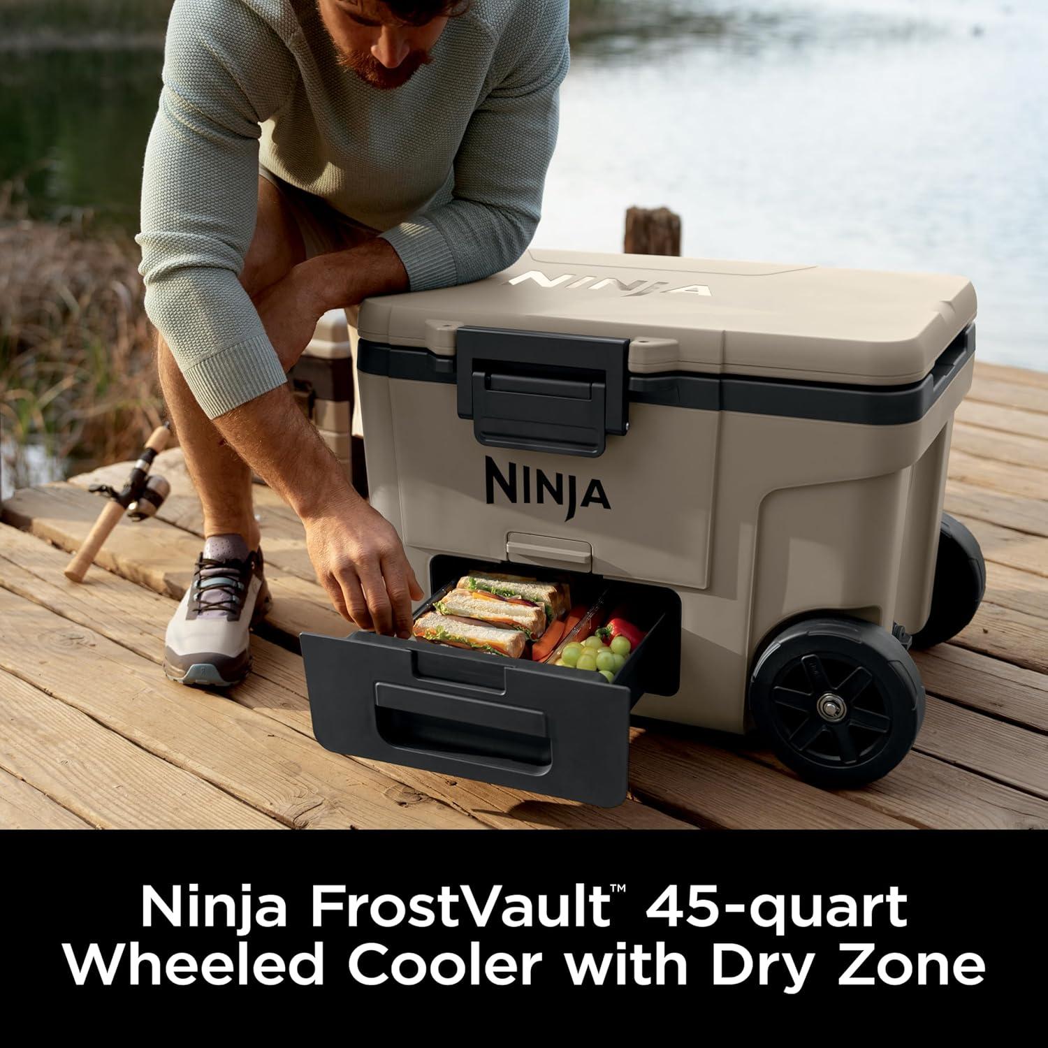 imageNinja Cooler FrostVault 45QT Cooler with Wheels Insulated with Temp Dry Storage Drawer Keeps Ice Cold for Days for The Beach Camping Picnics amp More Canyon Red FB245MRBirch Beige
