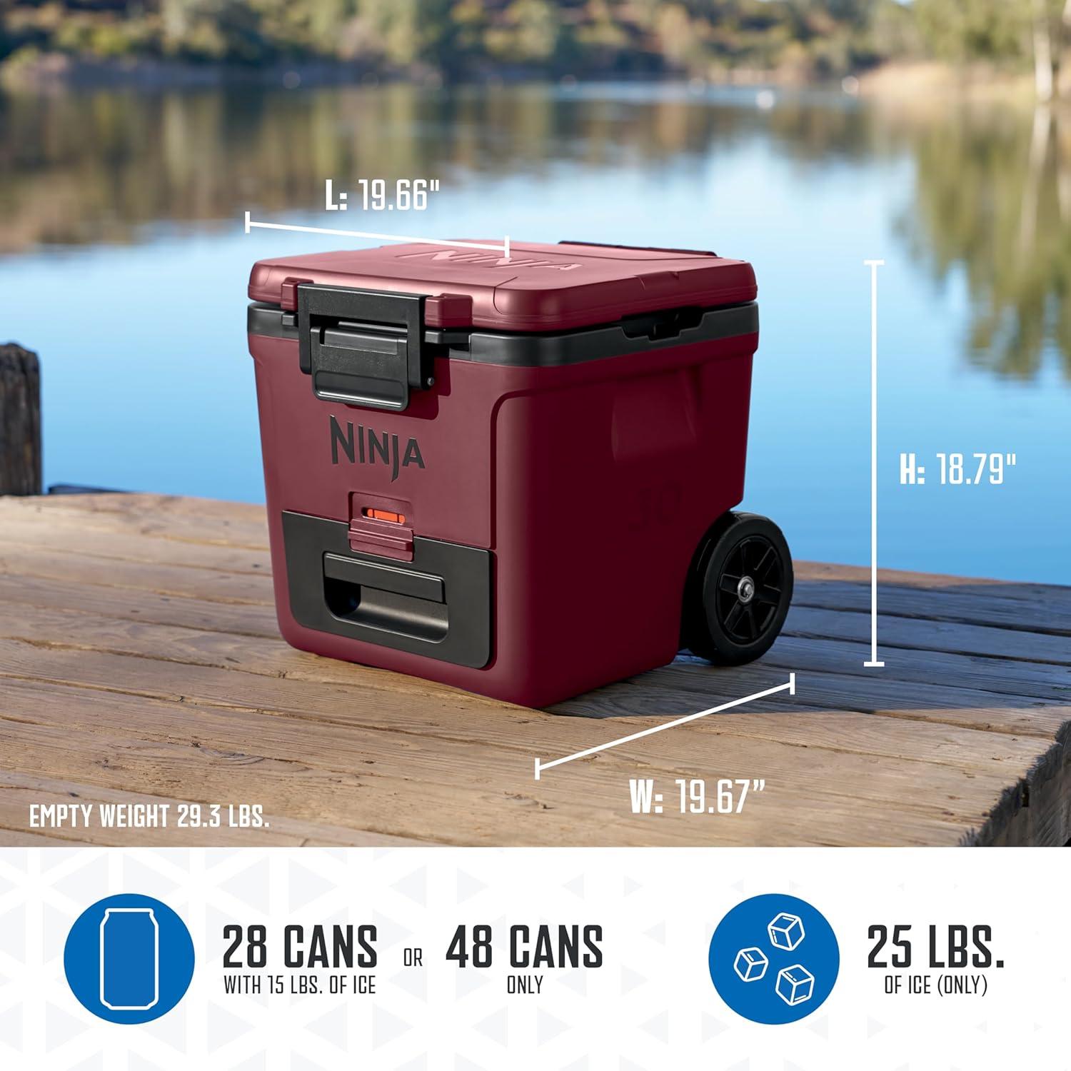 imageNinja Cooler FrostVault 45QT Cooler with Wheels Insulated with Temp Dry Storage Drawer Keeps Ice Cold for Days for The Beach Camping Picnics amp More Canyon Red FB245MRMerlot