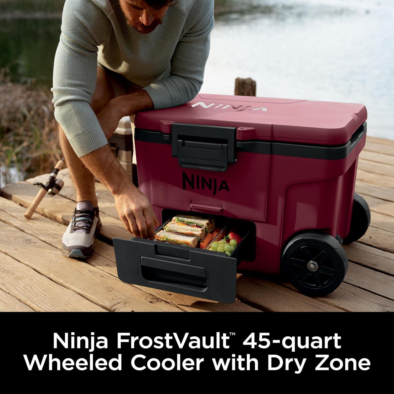imageNinja Cooler FrostVault 45QT Cooler with Wheels Insulated with Temp Dry Storage Drawer Keeps Ice Cold for Days for The Beach Camping Picnics amp More Canyon Red FB245MRMerlot
