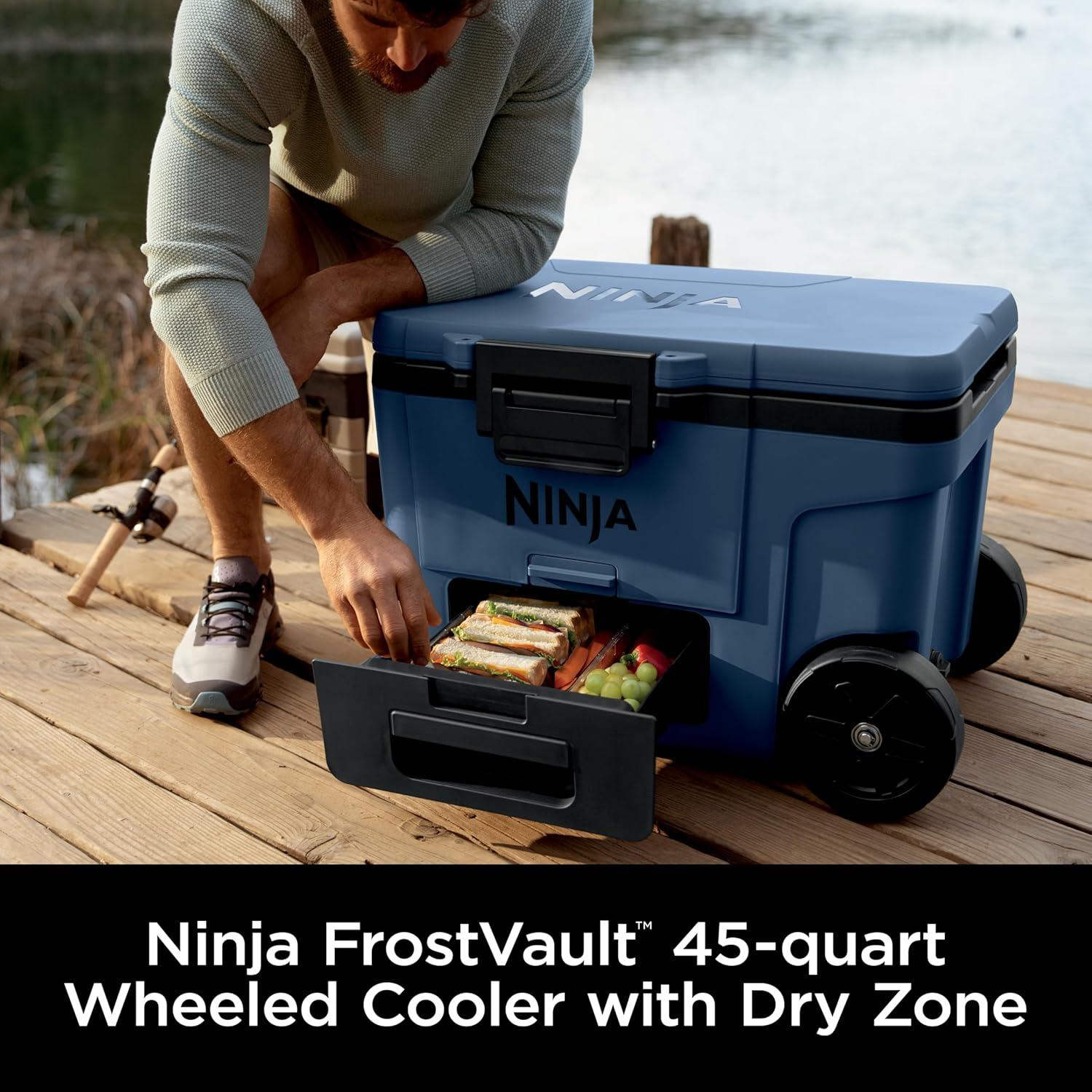 imageNinja Cooler FrostVault 45QT Cooler with Wheels Insulated with Temp Dry Storage Drawer Keeps Ice Cold for Days for The Beach Camping Picnics amp More Birch Beige FB245CSLakeshore Blue