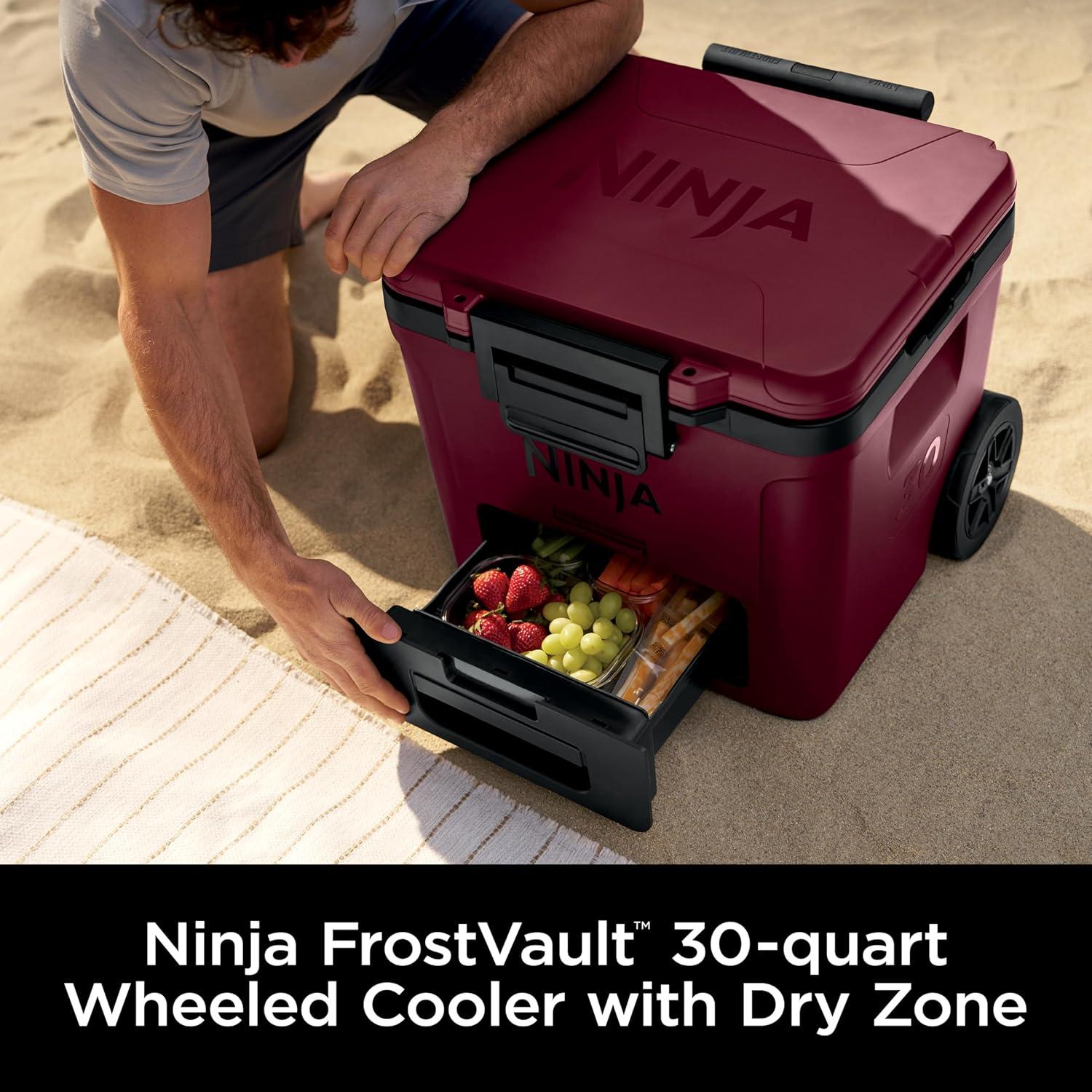 imageNinja Cooler FrostVault 45QT Cooler with Wheels Insulated with Temp Dry Storage Drawer Keeps Ice Cold for Days for The Beach Camping Picnics amp More Canyon Red FB245MRMerlot