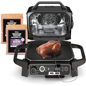 Ninja | Woodfire Series | 7-in-1 (Grill, BBQ, Roast, Air Fry, Dehydrate, Broil, Smoke) | Portable & Weather Resistant | Cook Up To 6 Steaks & 30 Hot Dogs | Woodfire Pellets included | OG701(7-in-1 Grill+Thermometer)