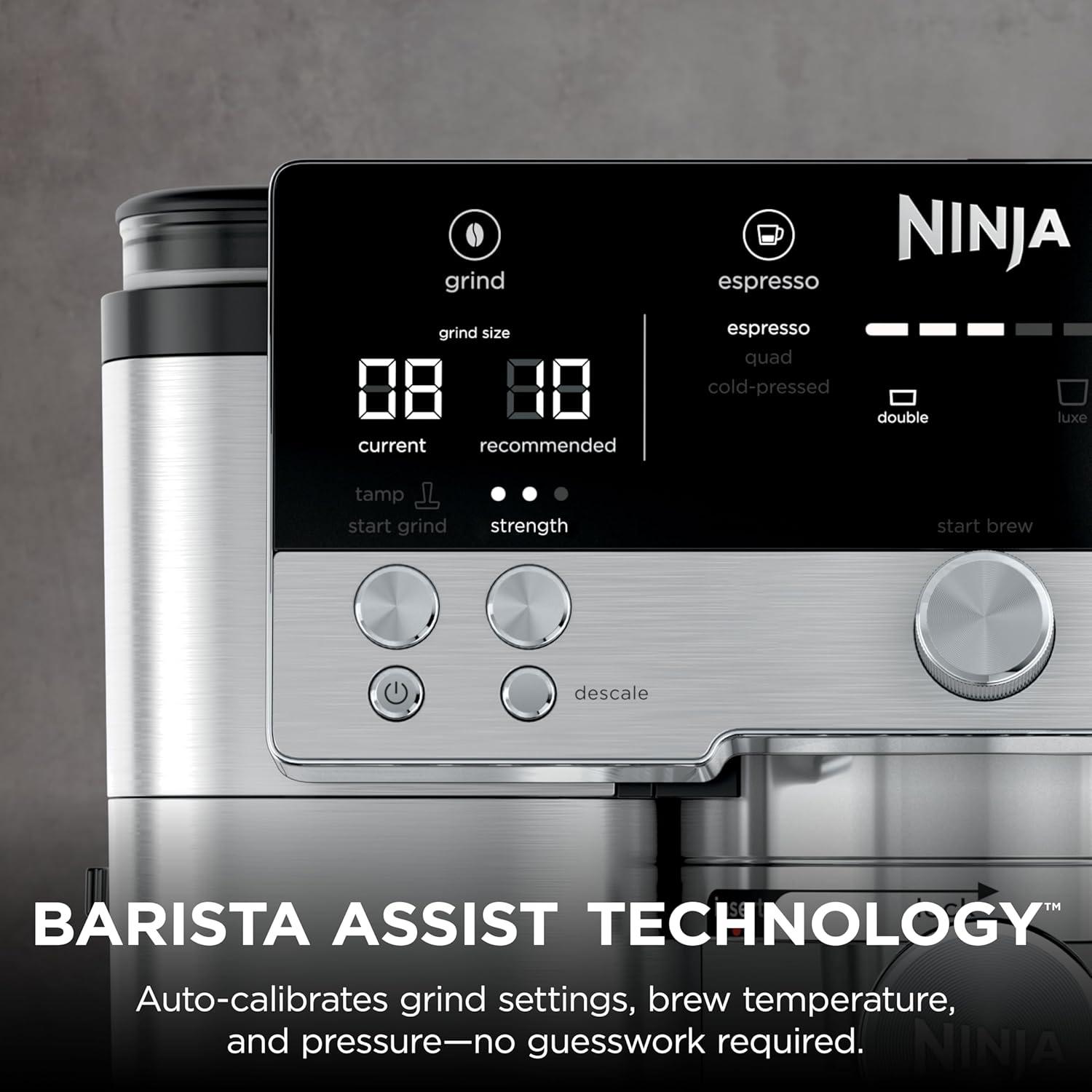 imageNinja Luxe Cafe Premier Series Espresso Machine Drip Coffee Rapid Cold Brew Integrated Grinder HandsFree Frother with Knock Box Water Filter Cleaning Tablets Descaler ES601GMStainless Steel