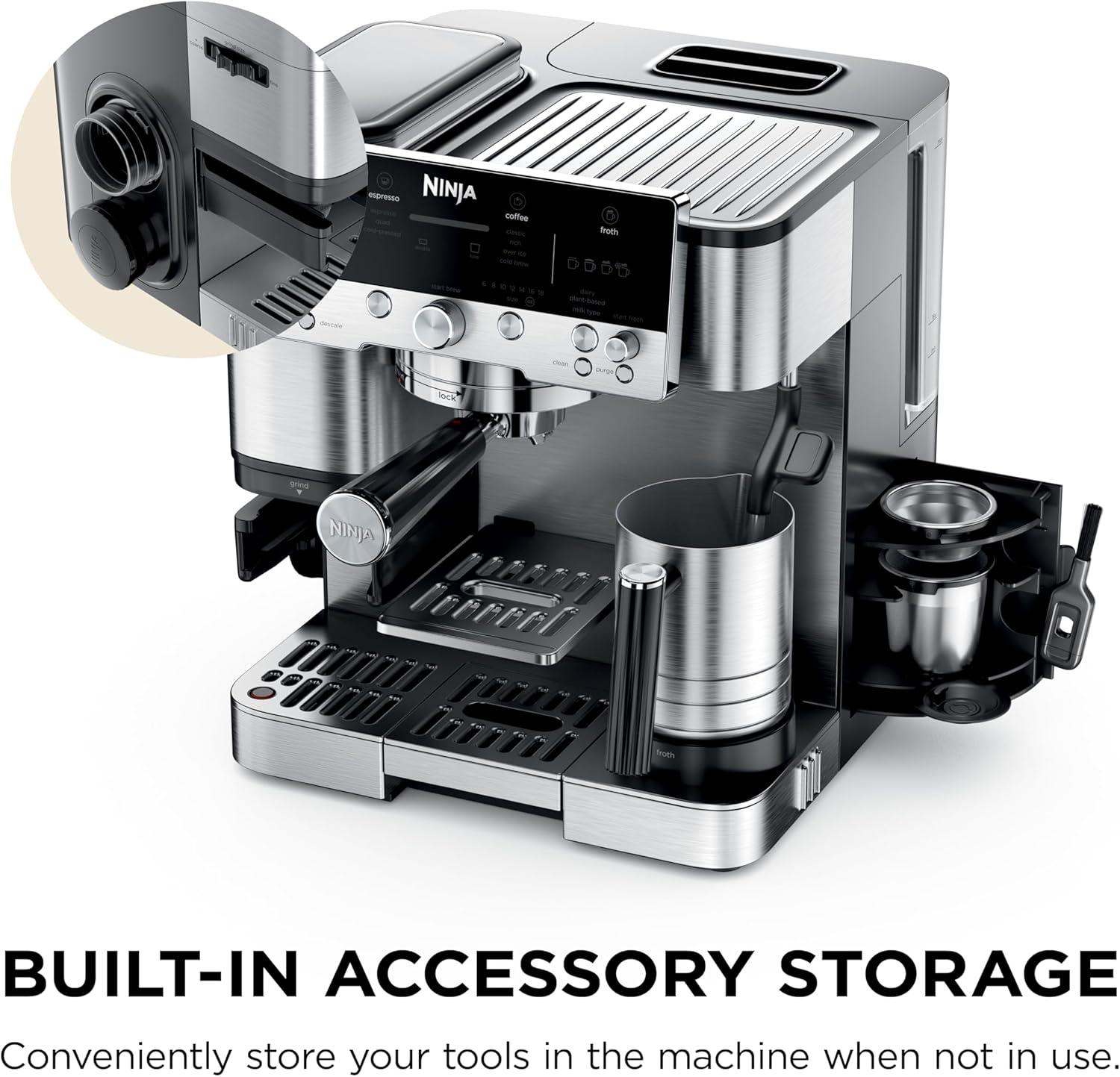 imageNinja Luxe Cafe Premier Series Espresso Machine Drip Coffee Rapid Cold Brew Integrated Grinder HandsFree Frother with Knock Box Water Filter Cleaning Tablets Descaler ES601GMStainless Steel