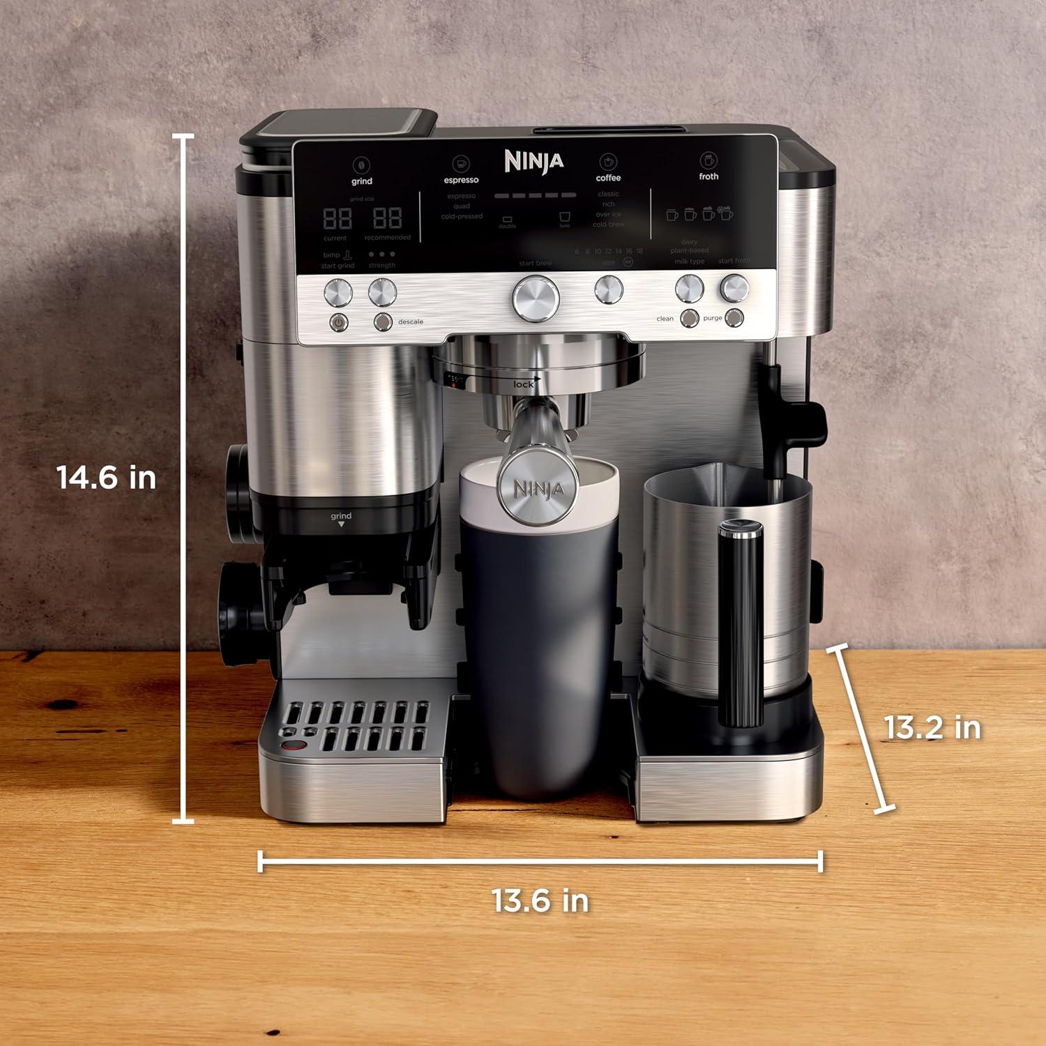 imageNinja Luxe Cafe Premier Series Espresso Machine Drip Coffee Rapid Cold Brew Integrated Grinder HandsFree Frother with Knock Box Water Filter Cleaning Tablets Descaler ES601GMStainless Steel