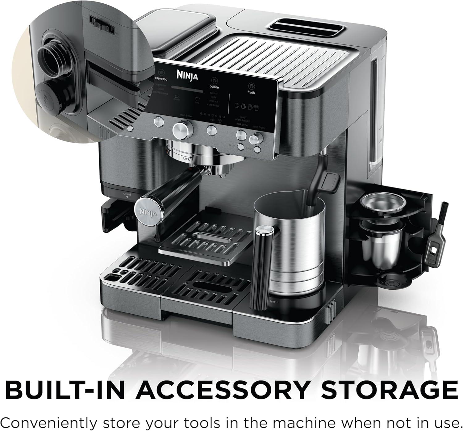 imageNinja Luxe Cafe Premier Series Espresso Machine Drip Coffee Rapid Cold Brew Integrated Grinder HandsFree Frother with Knock Box Water Filter Cleaning Tablets Descaler ES601GMGunmetal