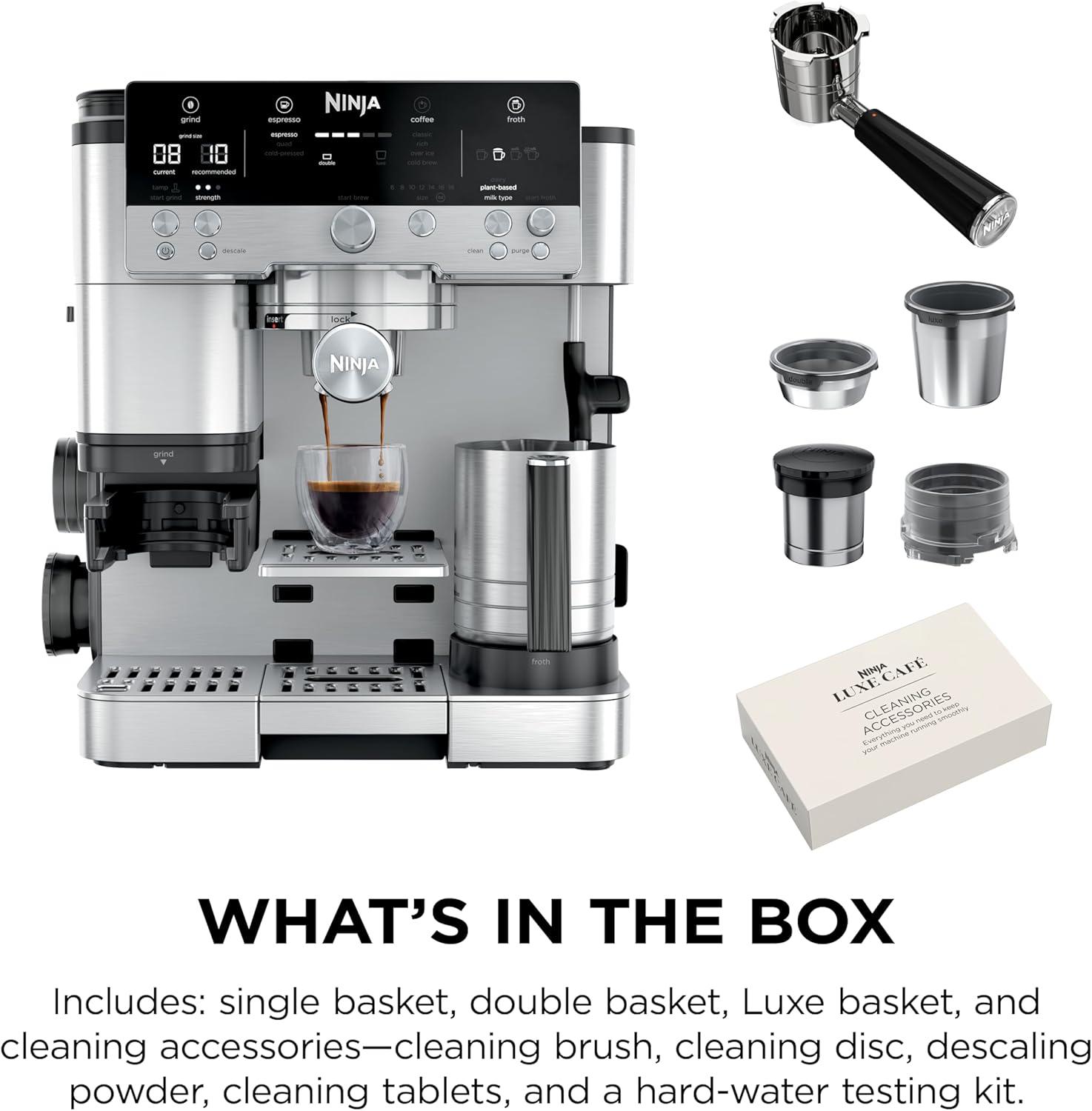 imageNinja Luxe Cafe Premier Series Espresso Machine Drip Coffee Rapid Cold Brew Integrated Grinder HandsFree Frother with Knock Box Water Filter Cleaning Tablets Descaler ES601GMStainless Steel