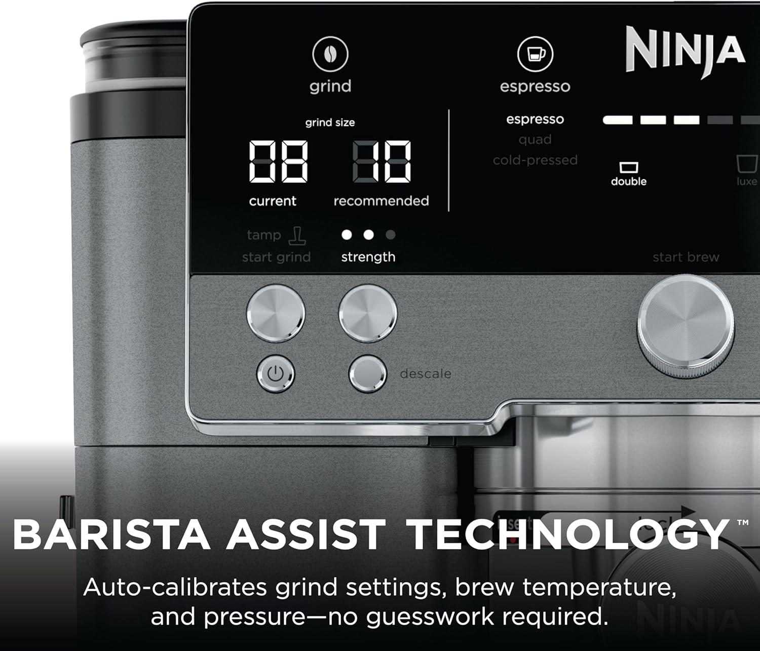 imageNinja Luxe Cafe Premier Series Espresso Machine Drip Coffee Rapid Cold Brew Integrated Grinder HandsFree Frother with Knock Box Water Filter Cleaning Tablets Descaler ES601GMGunmetal