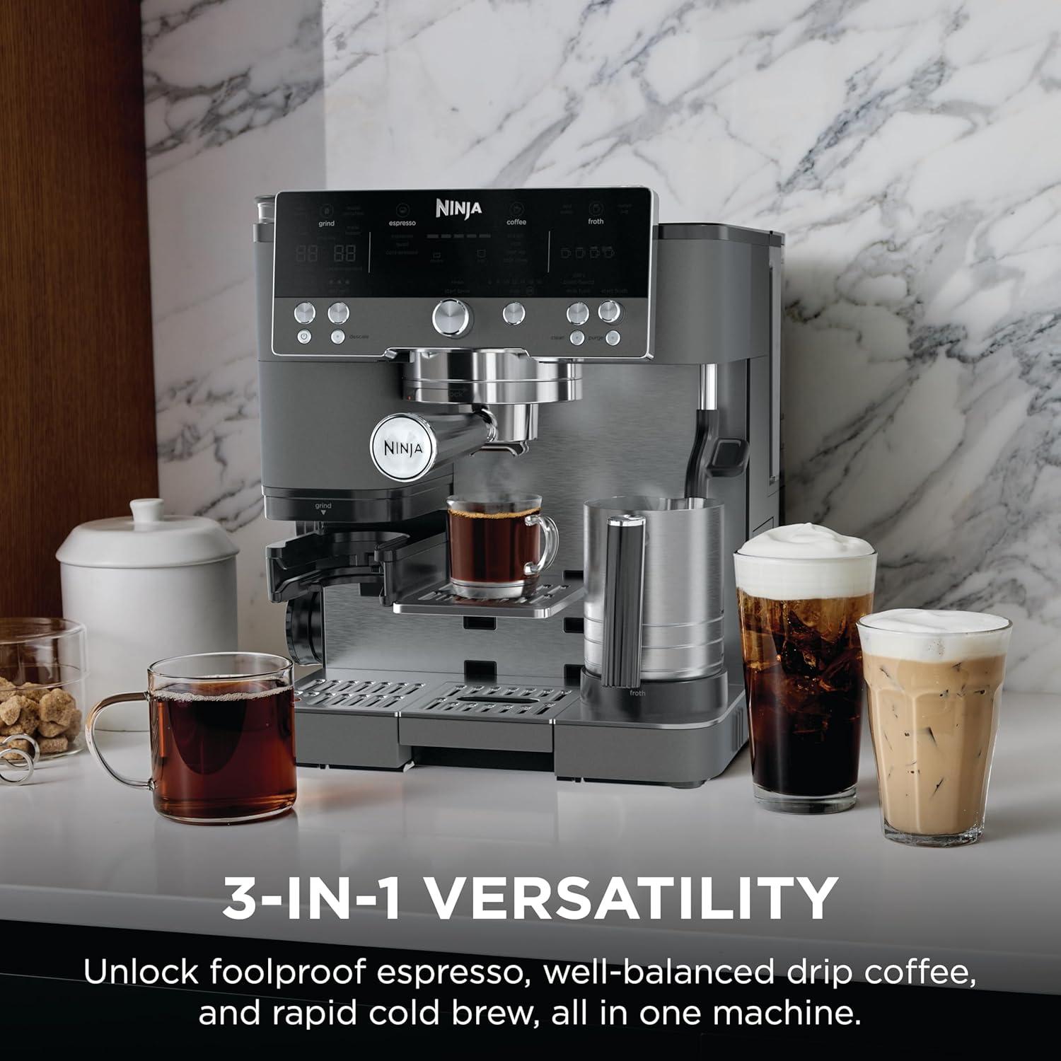 imageNinja Luxe Cafe Premier Series Espresso Machine Drip Coffee Rapid Cold Brew Integrated Grinder HandsFree Frother with Knock Box Water Filter Cleaning Tablets Descaler ES601GMGunmetal