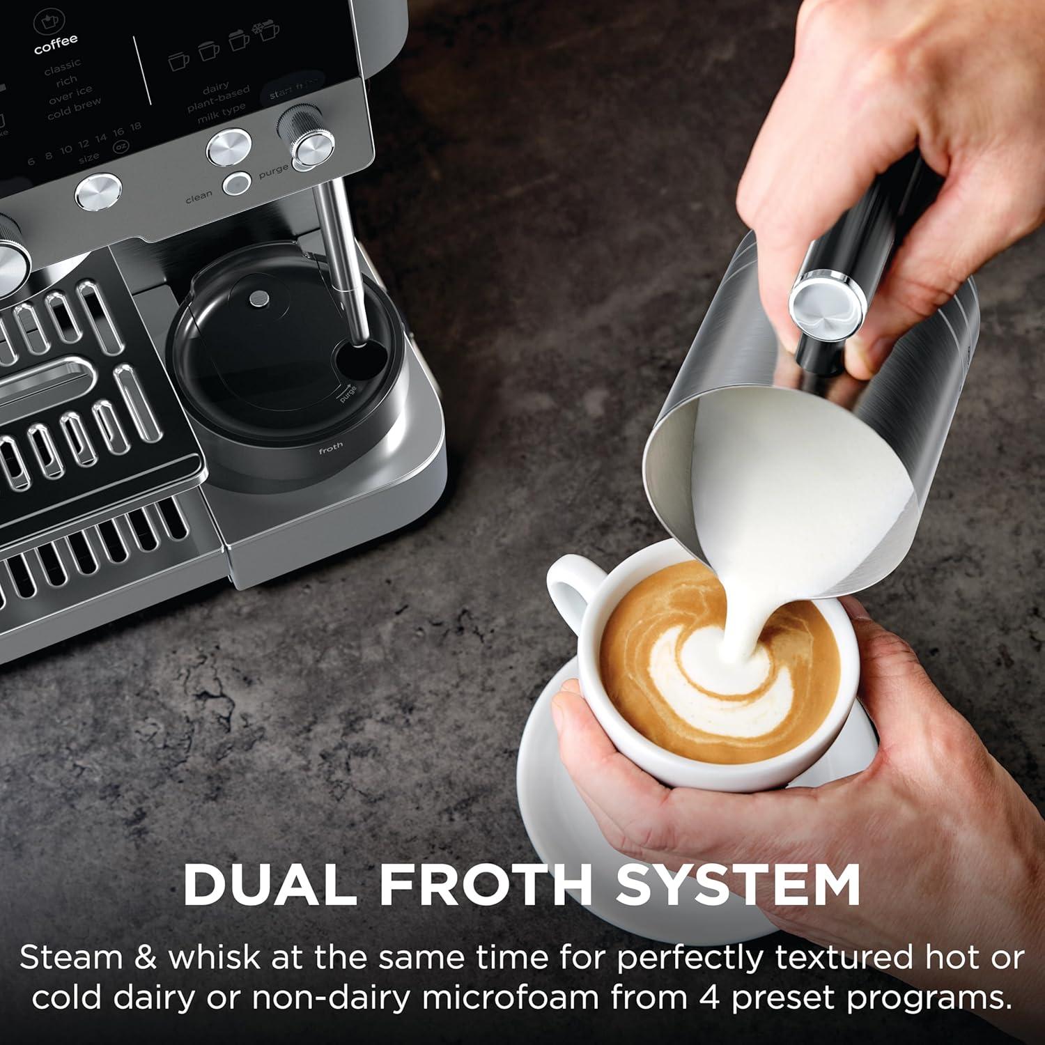 imageNinja Luxe Cafe Premier Series Espresso Machine Drip Coffee Rapid Cold Brew Integrated Grinder HandsFree Frother with Knock Box Water Filter Cleaning Tablets Descaler ES601GMGunmetal