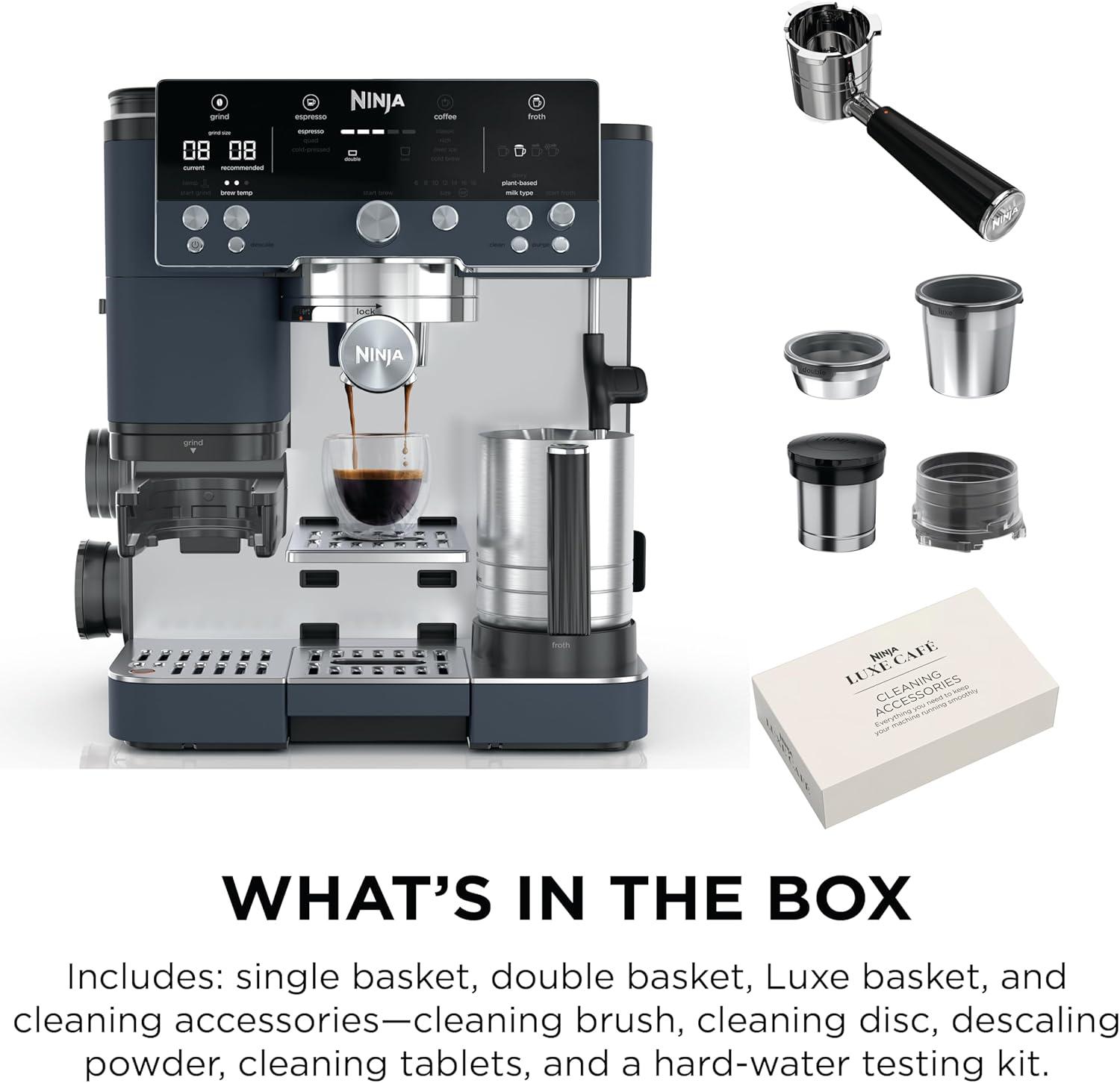 imageNinja Luxe Cafe Premier Series Espresso Machine Drip Coffee Rapid Cold Brew Integrated Grinder HandsFree Frother with Knock Box Water Filter Cleaning Tablets Descaler ES601GMCyberspace