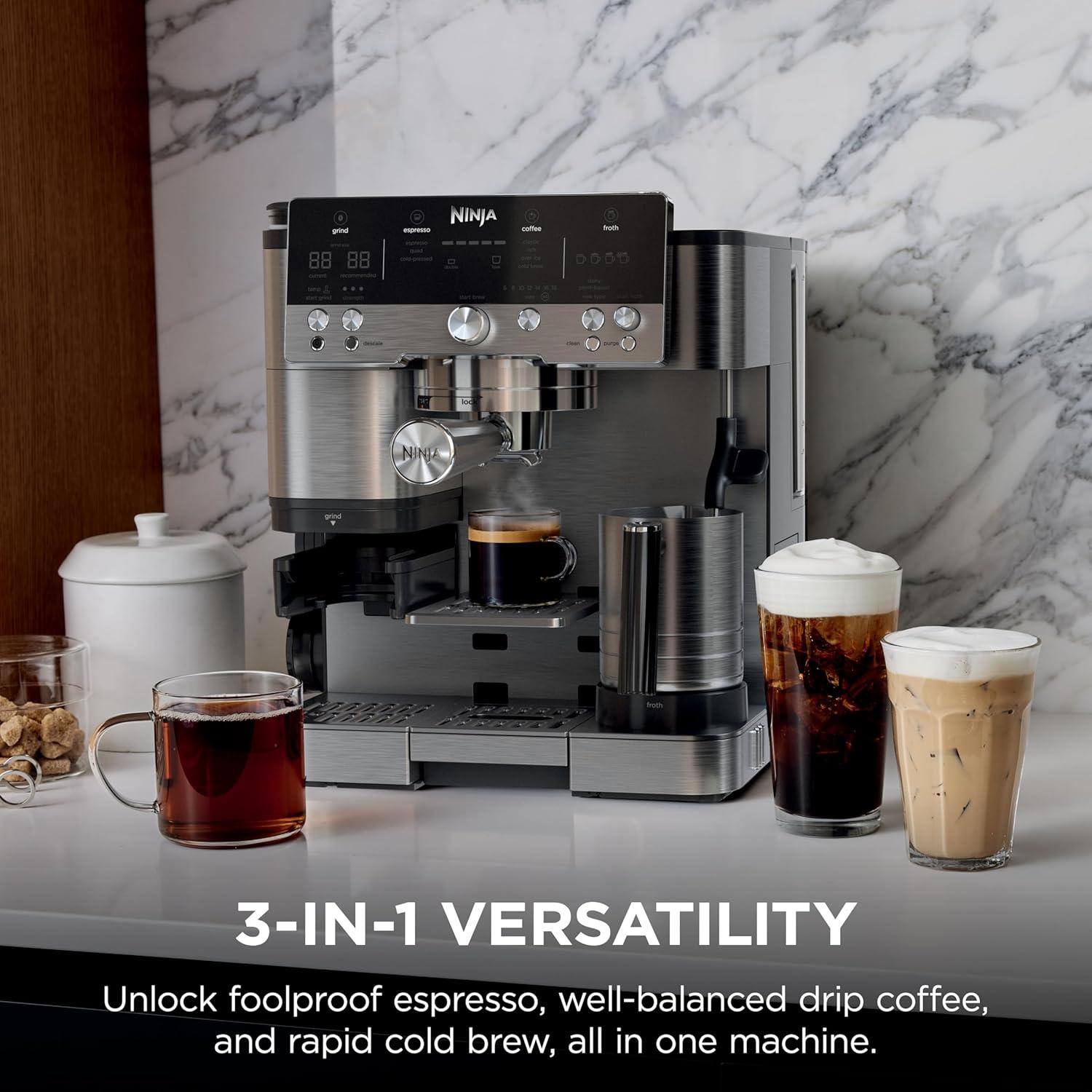 imageNinja Luxe Cafe Premier Series Espresso Machine Drip Coffee Rapid Cold Brew Integrated Grinder HandsFree Frother with Knock Box Water Filter Cleaning Tablets Descaler ES601GMStainless Steel