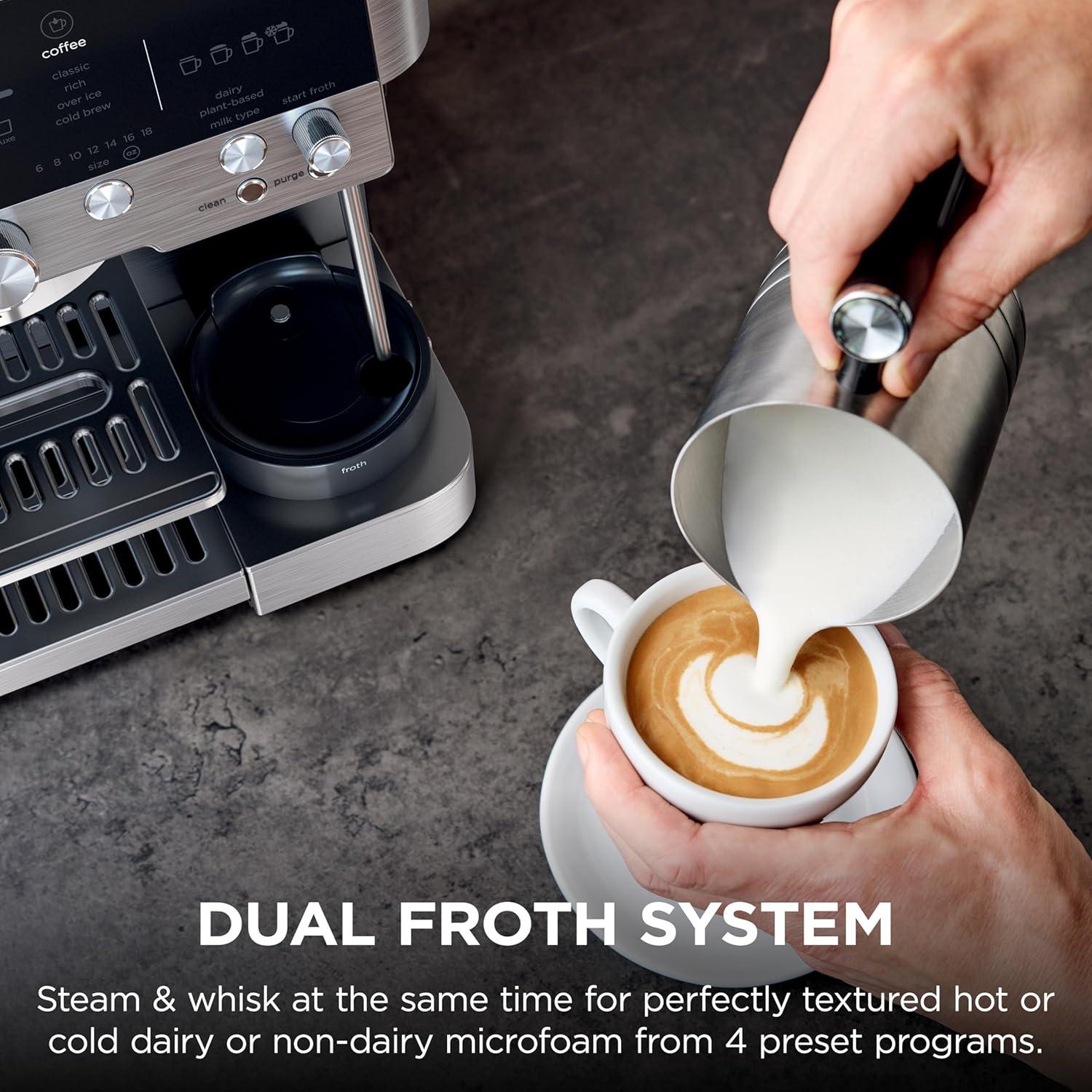 imageNinja Luxe Cafe Premier Series Espresso Machine Drip Coffee Rapid Cold Brew Integrated Grinder HandsFree Frother with Knock Box Water Filter Cleaning Tablets Descaler ES601GMStainless Steel