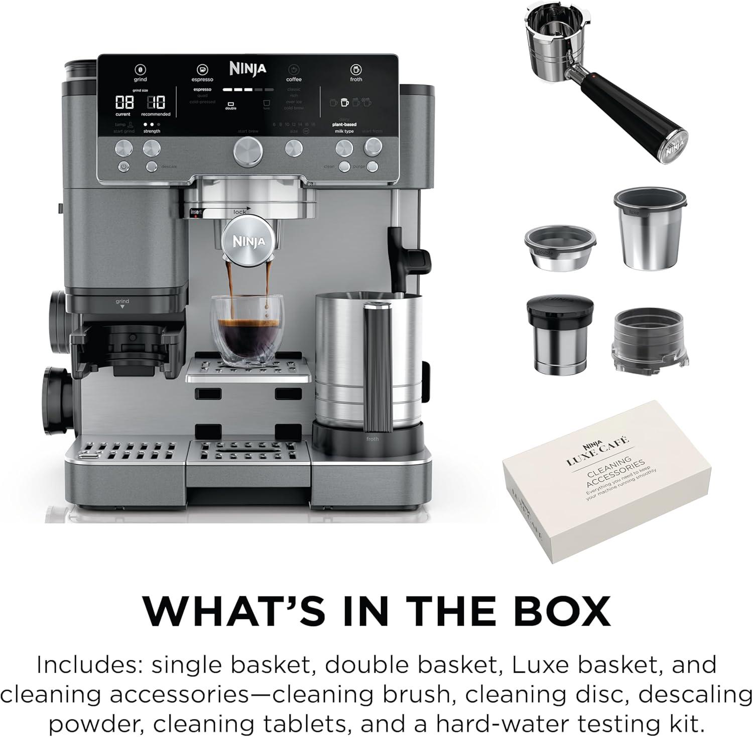 imageNinja Luxe Cafe Premier Series Espresso Machine Drip Coffee Rapid Cold Brew Integrated Grinder HandsFree Frother with Knock Box Water Filter Cleaning Tablets Descaler ES601GMGunmetal