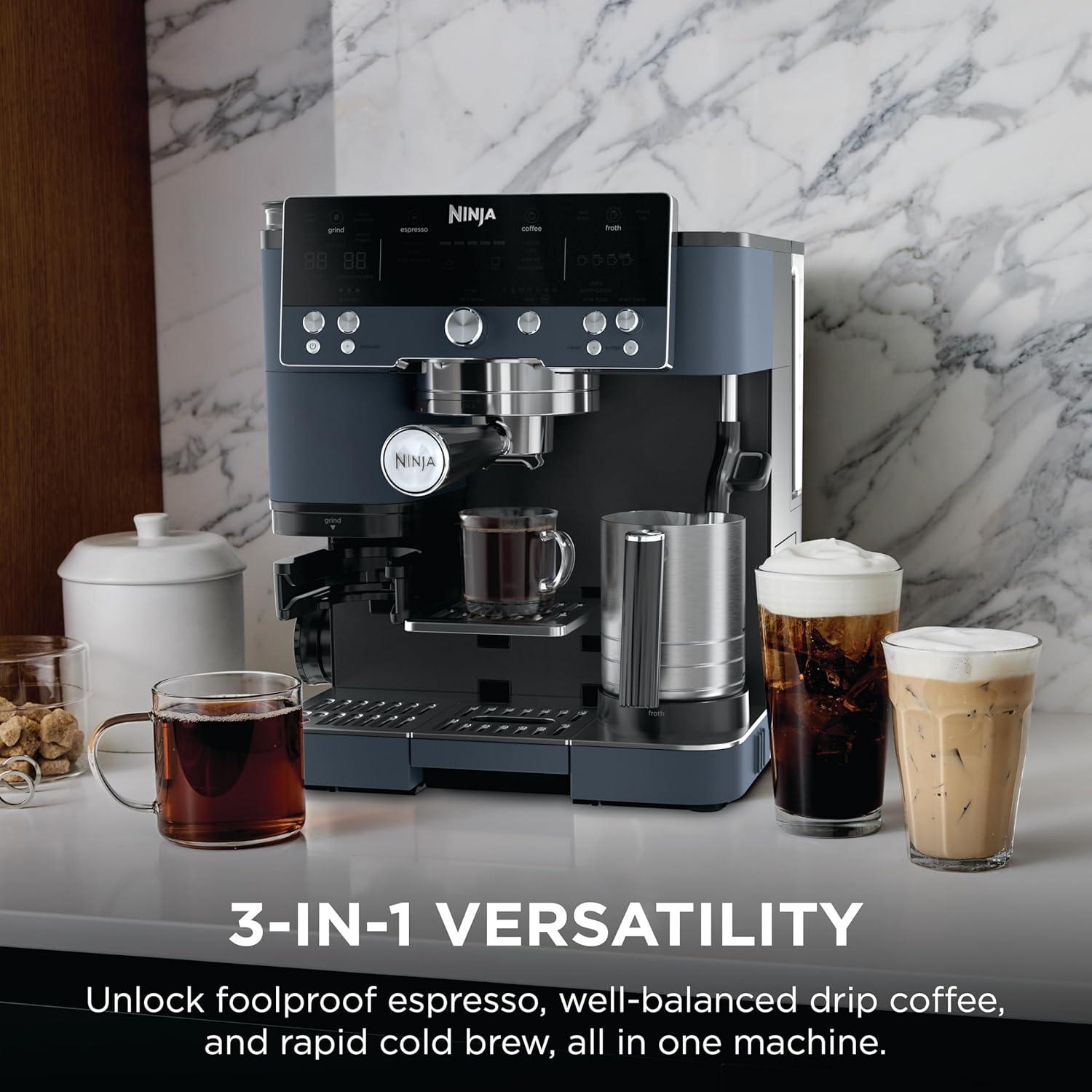 imageNinja Luxe Cafe Premier Series Espresso Machine Drip Coffee Rapid Cold Brew Integrated Grinder HandsFree Frother with Knock Box Water Filter Cleaning Tablets Descaler ES601GMCyberspace