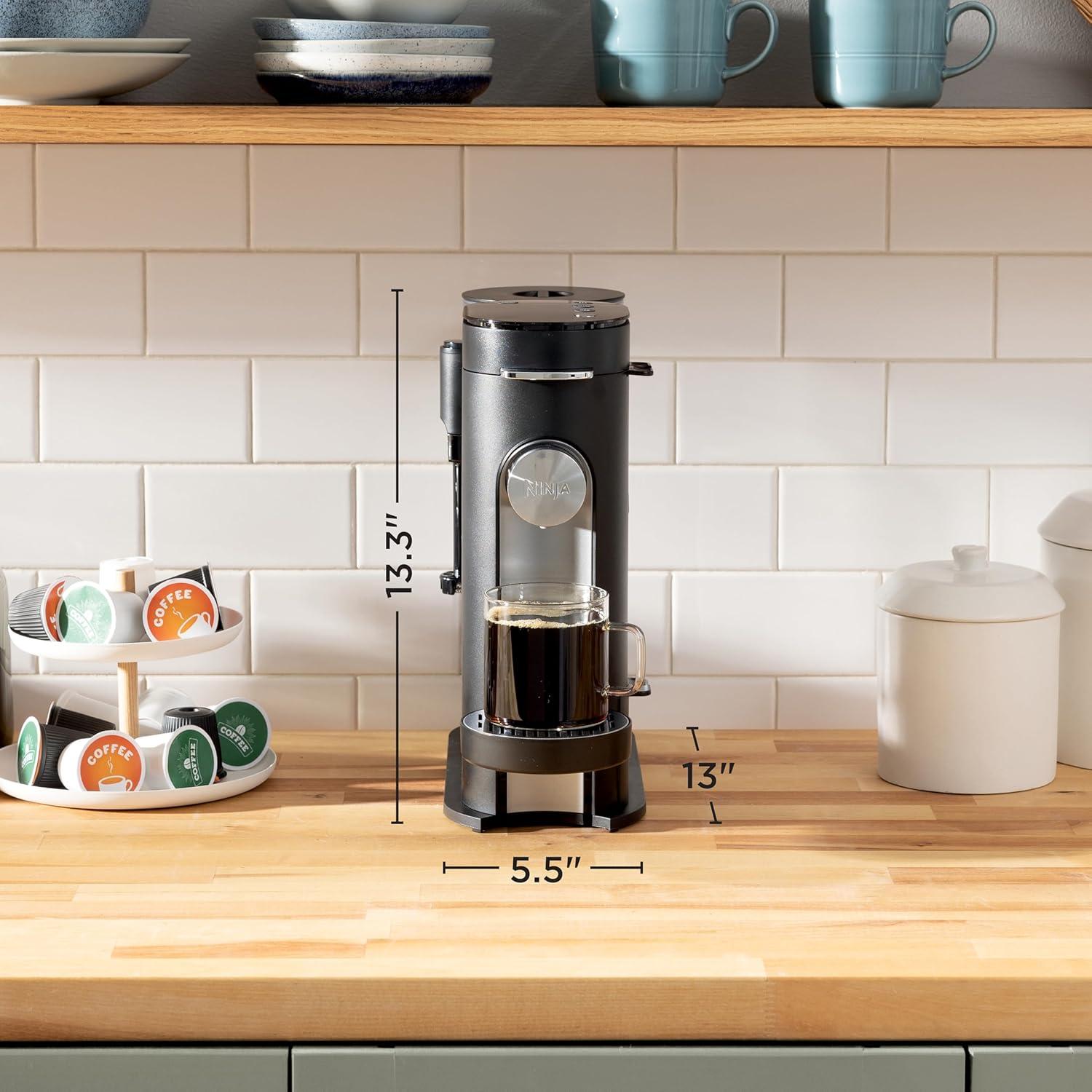 imageNinja Pod amp Grounds Specialty SingleServe Coffee Maker KCup Pod Compatible Brews Grounds Compact Design BuiltIn Milk Frother 56oz Reservoir 6oz Cup to 24oz Mug Sizes Stone PB051STStandard Black