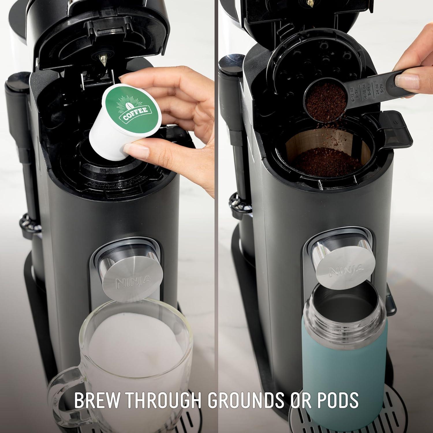 imageNinja Pod amp Grounds Specialty SingleServe Coffee Maker KCup Pod Compatible Brews Grounds Compact Design BuiltIn Milk Frother 56oz Reservoir 6oz Cup to 24oz Mug Sizes Stone PB051STStandard Black