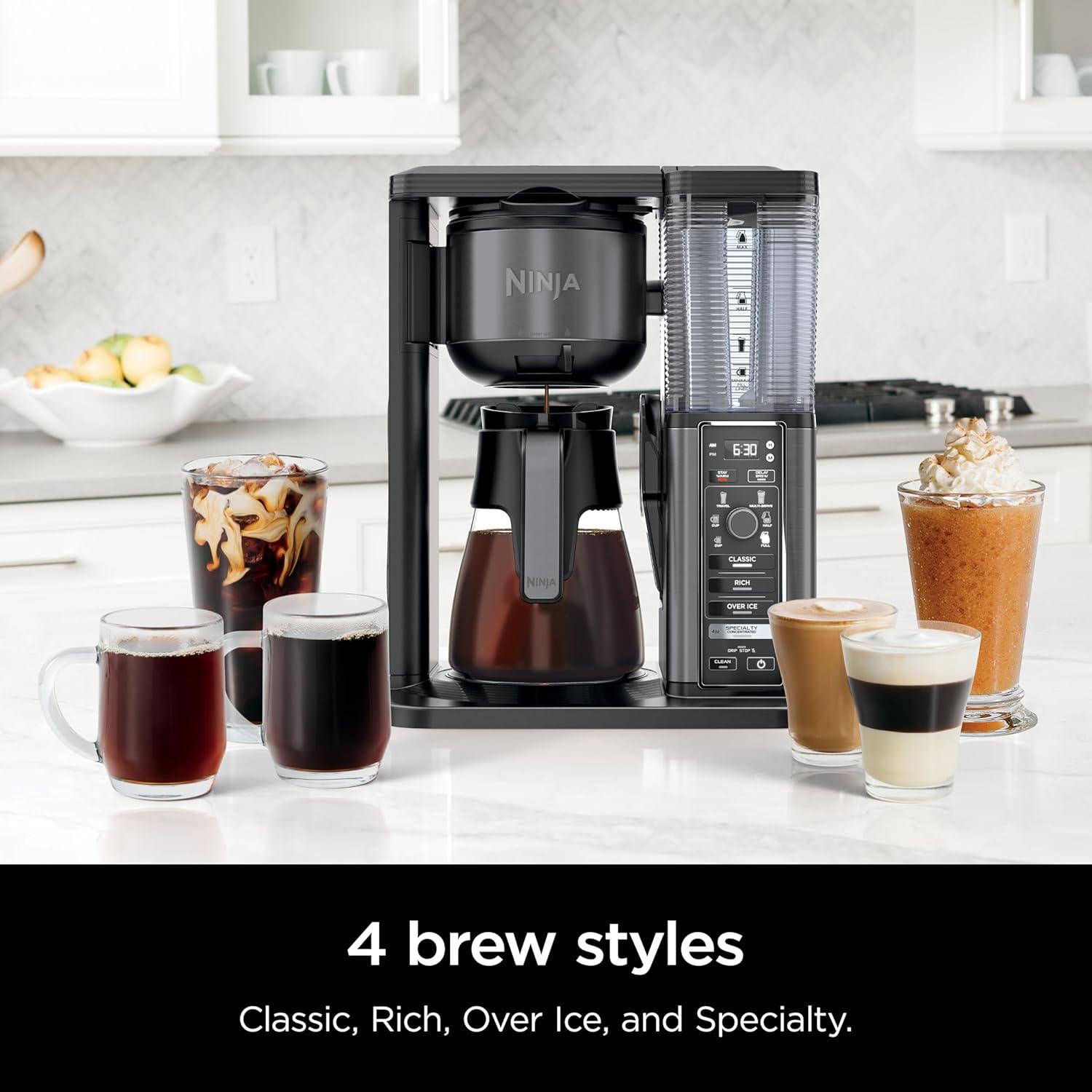 imageNinja Specialty Coffee Maker Hot amp Iced Coffee 6 Brew Styles 8 Sizes Small Cup to Travel Mug 10Cup Carafe FoldAway Frother Permanent Filter Removable Reservoir Stainless Black CM405A