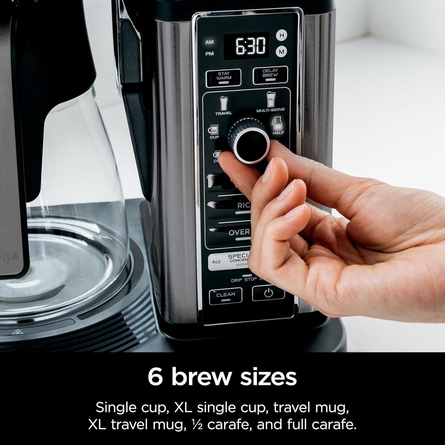 imageNinja Specialty Coffee Maker Hot amp Iced Coffee 6 Brew Styles 8 Sizes Small Cup to Travel Mug 10Cup Carafe FoldAway Frother Permanent Filter Removable Reservoir Stainless Black CM405A